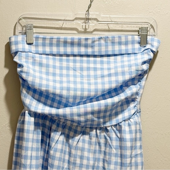 New CIDER Women’s Baby Blue Gingham Strapless PICNIC Midi Dress Ruched Size XS - Picture 4 of 8